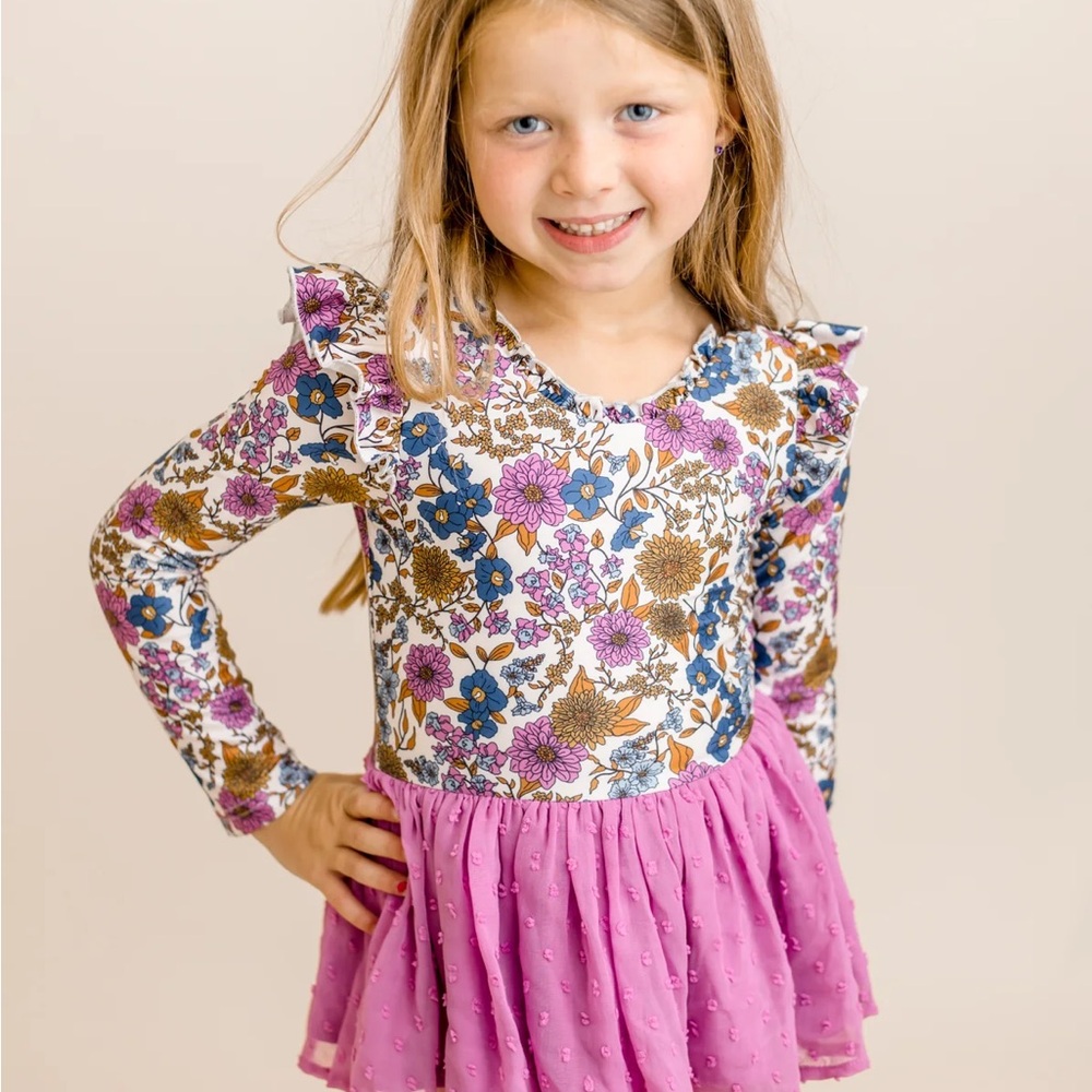 Girls Floral Long-Sleeve Leotard Dress with Mauve Skirt